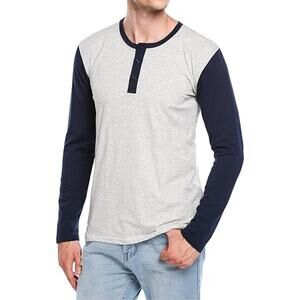 Hotouch Mens Long Sleeve Henley Slim Fit Contrast Color T-Shirt Gray Black M